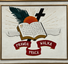 An emblem with a book, palm leaves, and a cross, inscribed with PRAWDA, WALKA, PRACA